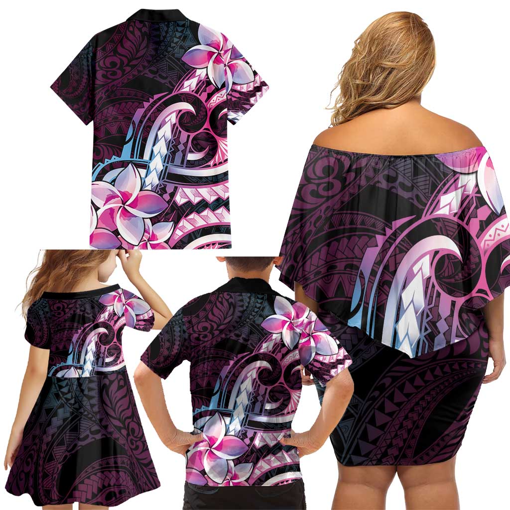 Polynesian Art Tattoo Family Matching Off Shoulder Short Dress and Hawaiian Shirt Plumeria Flowers Pink Gradient LT05 - Polynesian Pride