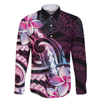 Polynesian Art Tattoo Family Matching Off Shoulder Short Dress and Hawaiian Shirt Plumeria Flowers Pink Gradient LT05 Dad's Shirt - Long Sleeve Pink - Polynesian Pride