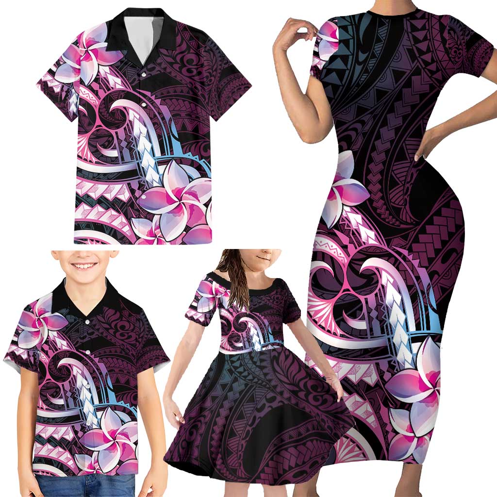 Polynesian Art Tattoo Family Matching Short Sleeve Bodycon Dress and Hawaiian Shirt Plumeria Flowers Pink Gradient LT05 - Polynesian Pride