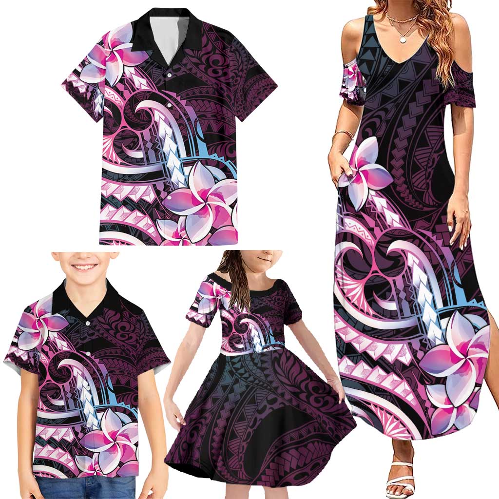 Polynesian Art Tattoo Family Matching Summer Maxi Dress and Hawaiian Shirt Plumeria Flowers Pink Gradient