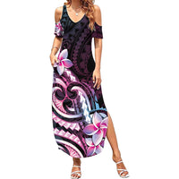 Polynesian Art Tattoo Family Matching Summer Maxi Dress and Hawaiian Shirt Plumeria Flowers Pink Gradient LT05 Mom's Dress Pink - Polynesian Pride