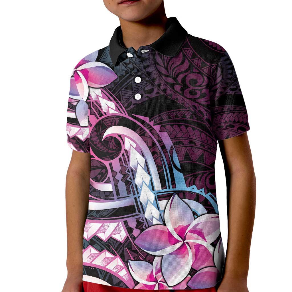 Polynesian Art Tattoo Kid Polo Shirt Plumeria Flowers Pink Gradient