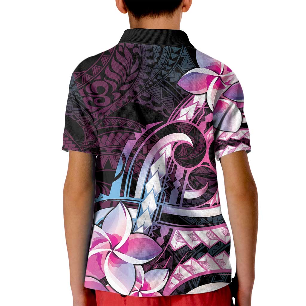 Polynesian Art Tattoo Kid Polo Shirt Plumeria Flowers Pink Gradient