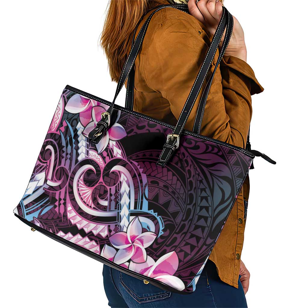 Polynesian Art Tattoo Leather Tote Bag Plumeria Flowers Pink Gradient