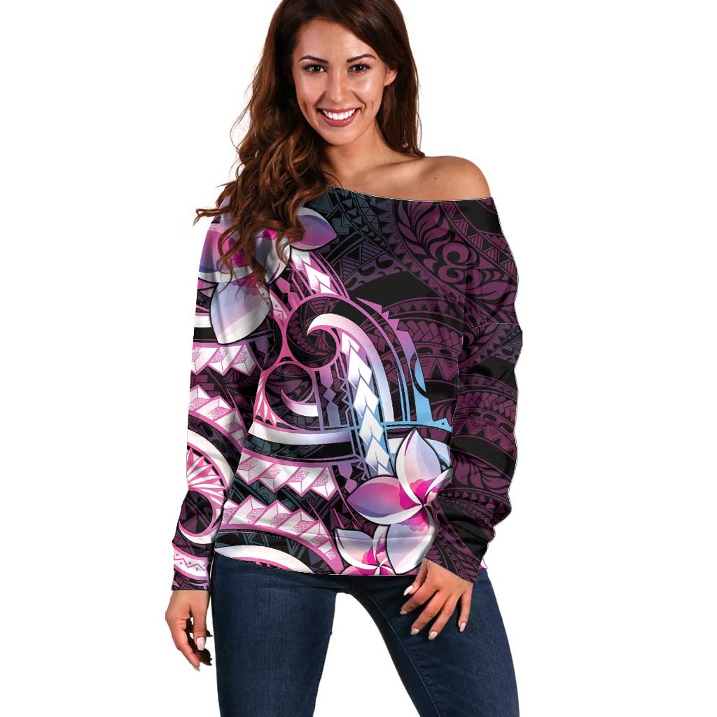 Polynesian Art Tattoo Off Shoulder Sweater Plumeria Flowers Pink Gradient LT05 Women Pink - Polynesian Pride