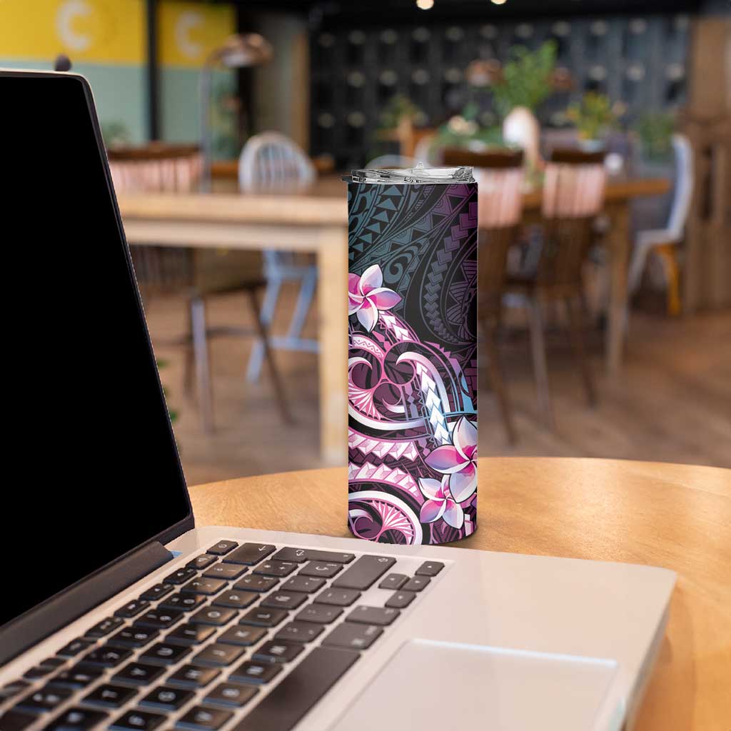 Polynesian Art Tattoo Skinny Tumbler Plumeria Flowers Pink Gradient
