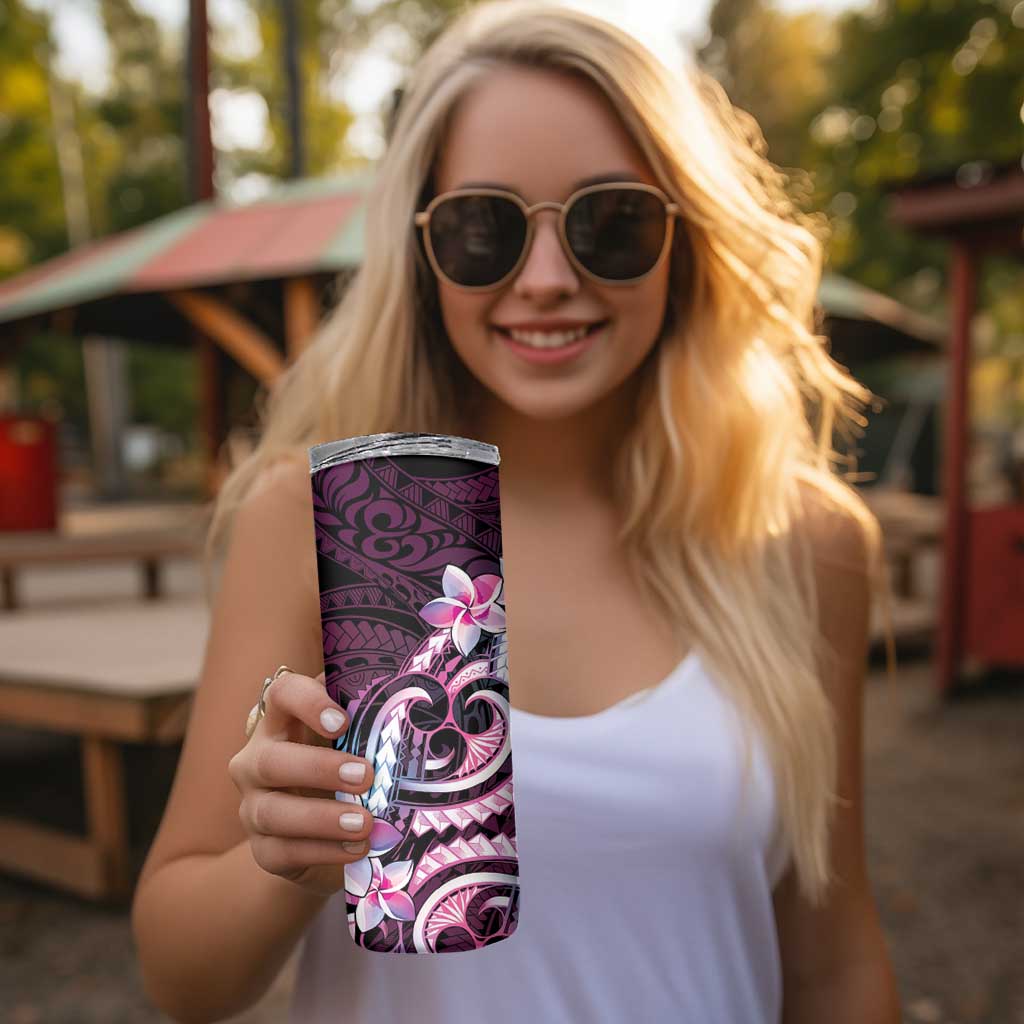 Polynesian Art Tattoo Skinny Tumbler Plumeria Flowers Pink Gradient