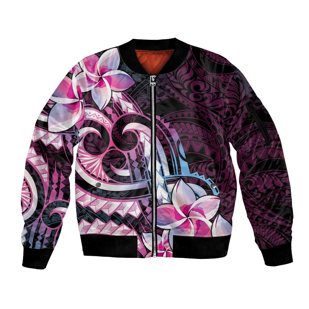 Polynesian Art Tattoo Sleeve Zip Bomber Jacket Plumeria Flowers Pink Gradient LT05 Unisex Pink - Polynesian Pride