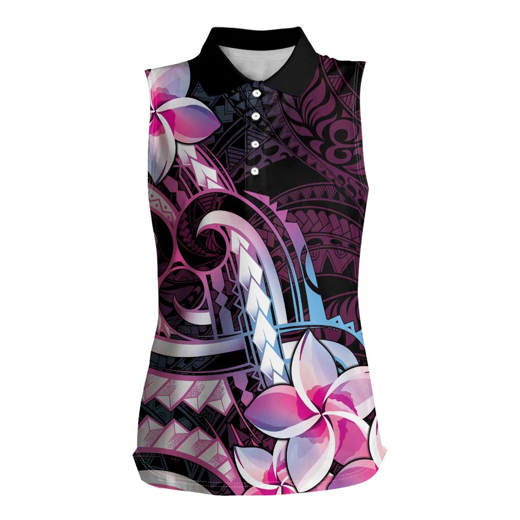 Polynesian Art Tattoo Women Sleeveless Polo Shirt Plumeria Flowers Pink Gradient