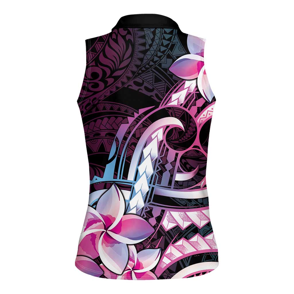 Polynesian Art Tattoo Women Sleeveless Polo Shirt Plumeria Flowers Pink Gradient