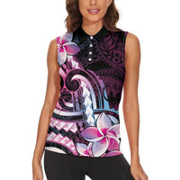 Polynesian Art Tattoo Women Sleeveless Polo Shirt Plumeria Flowers Pink Gradient