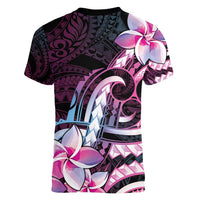 Polynesian Art Tattoo Women V-Neck T-Shirt Plumeria Flowers Pink Gradient