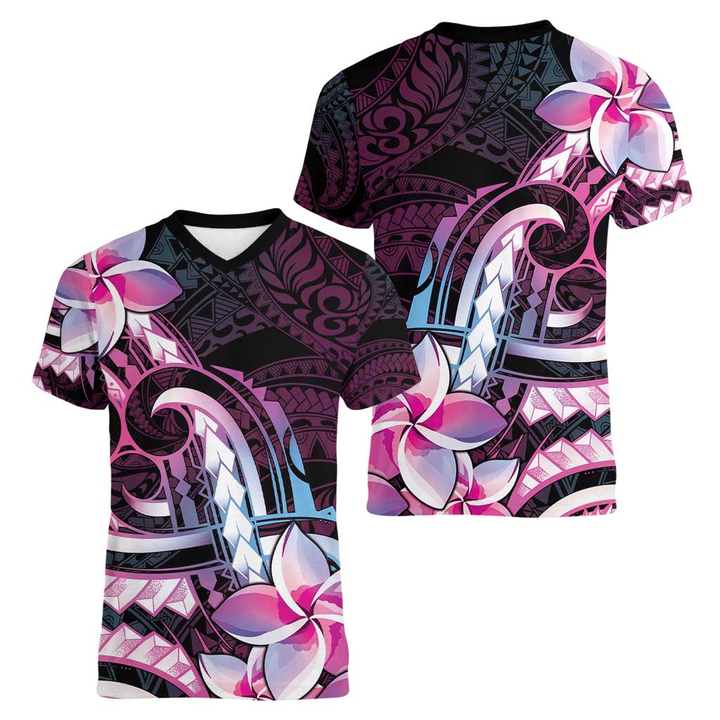Polynesian Art Tattoo Women V-Neck T-Shirt Plumeria Flowers Pink Gradient