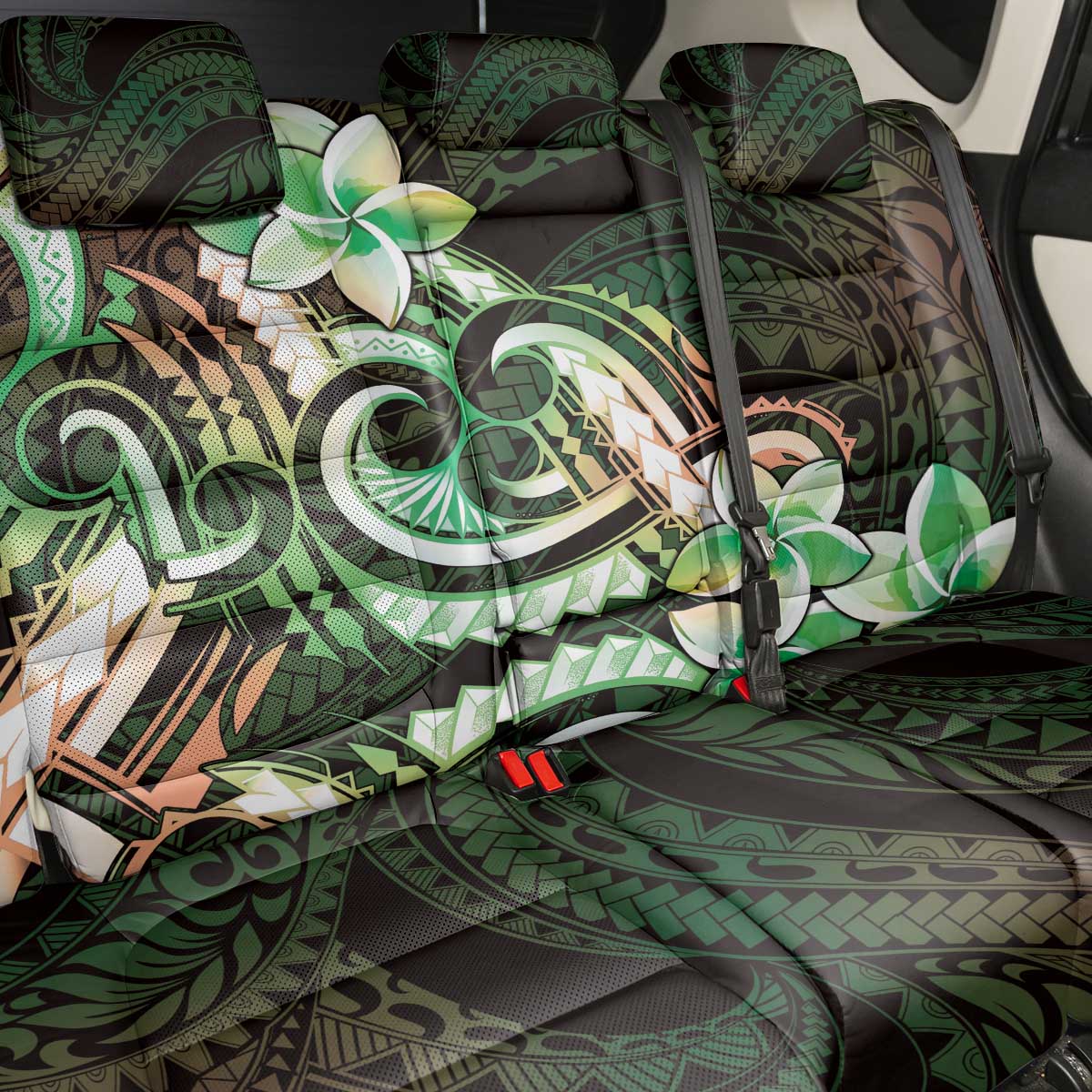 Polynesian Art Tattoo Back Car Seat Cover Plumeria Flowers Green Gradient