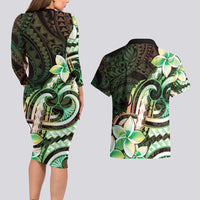 Polynesian Art Tattoo Couples Matching Long Sleeve Bodycon Dress and Hawaiian Shirt Plumeria Flowers Green Gradient LT05 - Polynesian Pride
