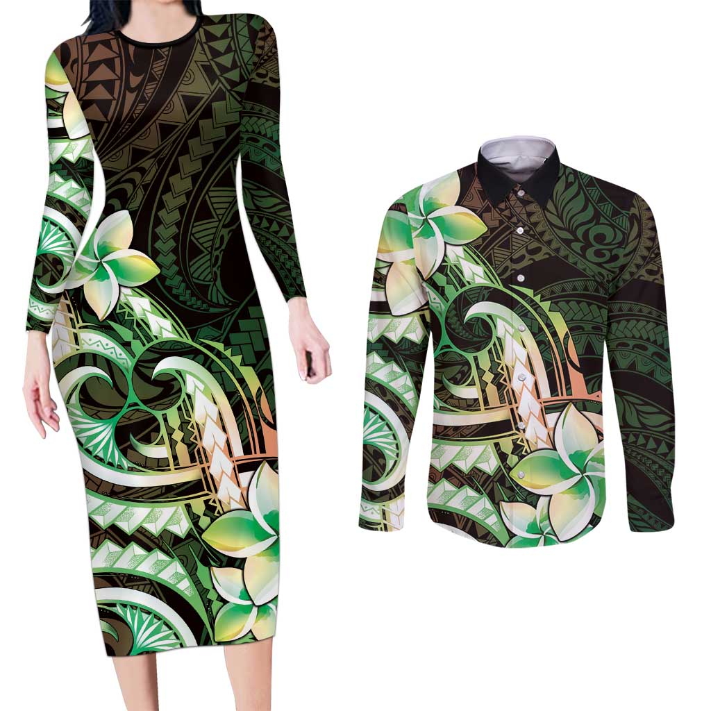 Polynesian Art Tattoo Couples Matching Long Sleeve Bodycon Dress and Long Sleeve Button Shirt Plumeria Flowers Green Gradient