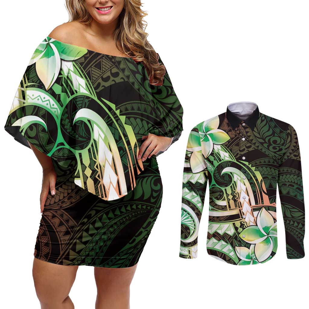 Polynesian Art Tattoo Couples Matching Off Shoulder Short Dress and Long Sleeve Button Shirt Plumeria Flowers Green Gradient