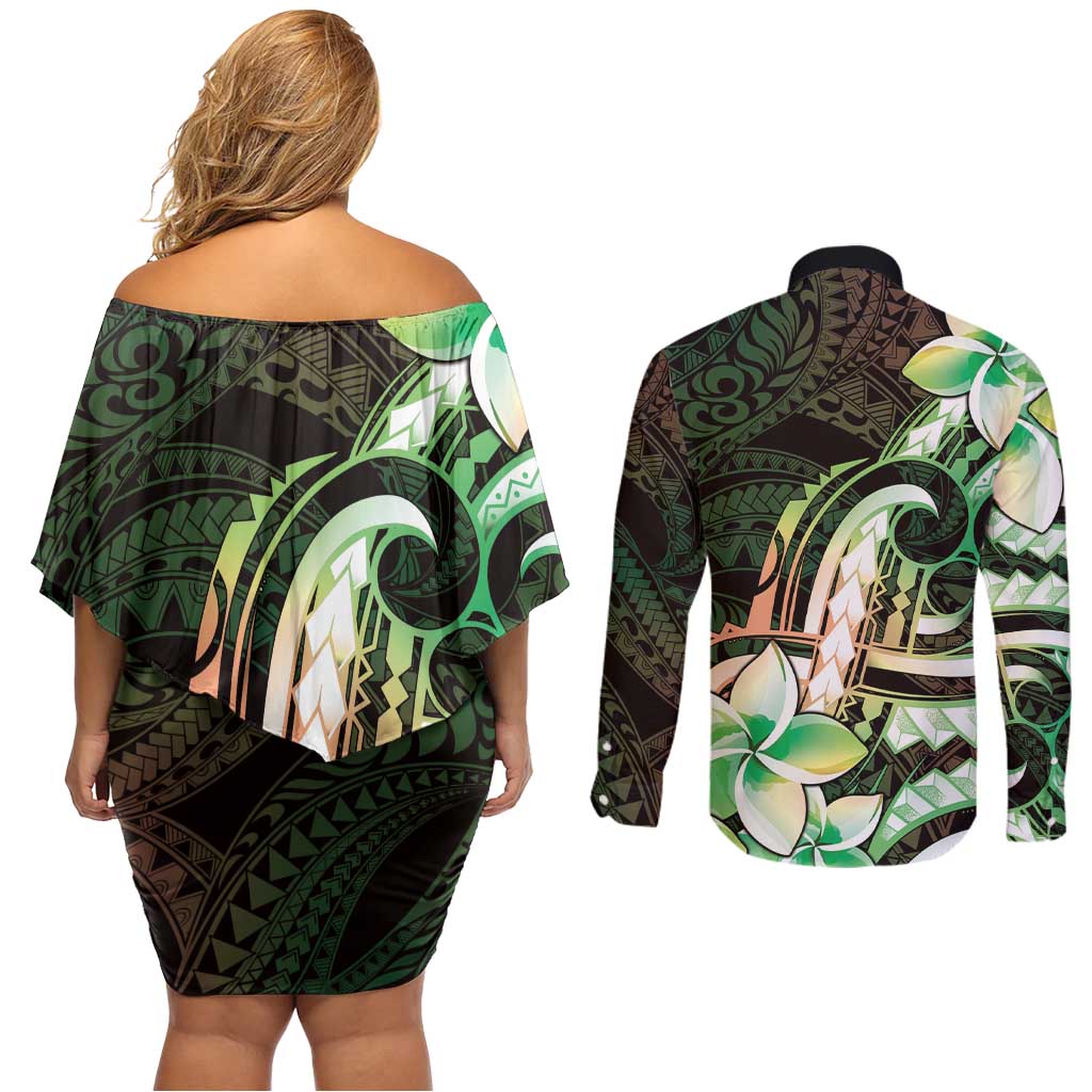 Polynesian Art Tattoo Couples Matching Off Shoulder Short Dress and Long Sleeve Button Shirt Plumeria Flowers Green Gradient
