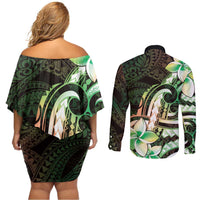 Polynesian Art Tattoo Couples Matching Off Shoulder Short Dress and Long Sleeve Button Shirt Plumeria Flowers Green Gradient