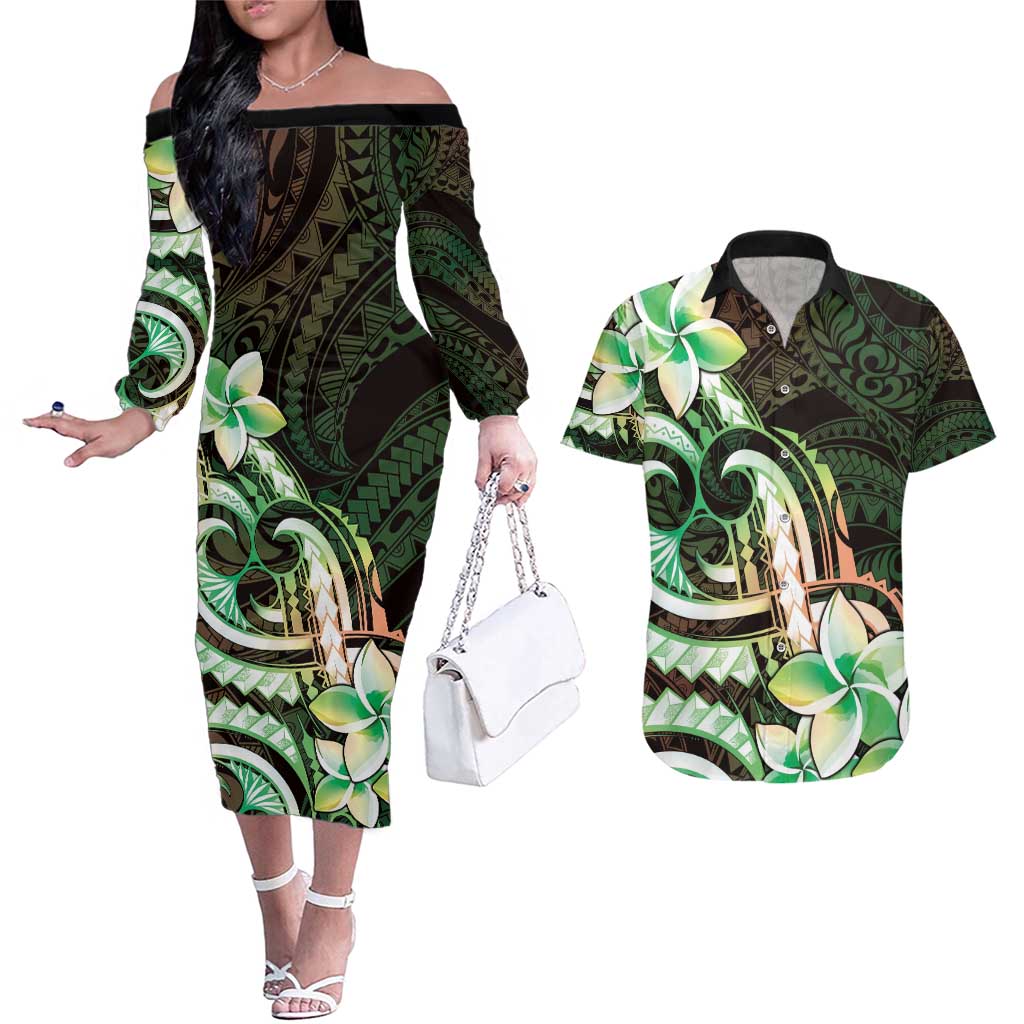 Polynesian Art Tattoo Couples Matching Off The Shoulder Long Sleeve Dress and Hawaiian Shirt Plumeria Flowers Green Gradient LT05 Green - Polynesian Pride