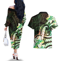 Polynesian Art Tattoo Couples Matching Off The Shoulder Long Sleeve Dress and Hawaiian Shirt Plumeria Flowers Green Gradient LT05 - Polynesian Pride