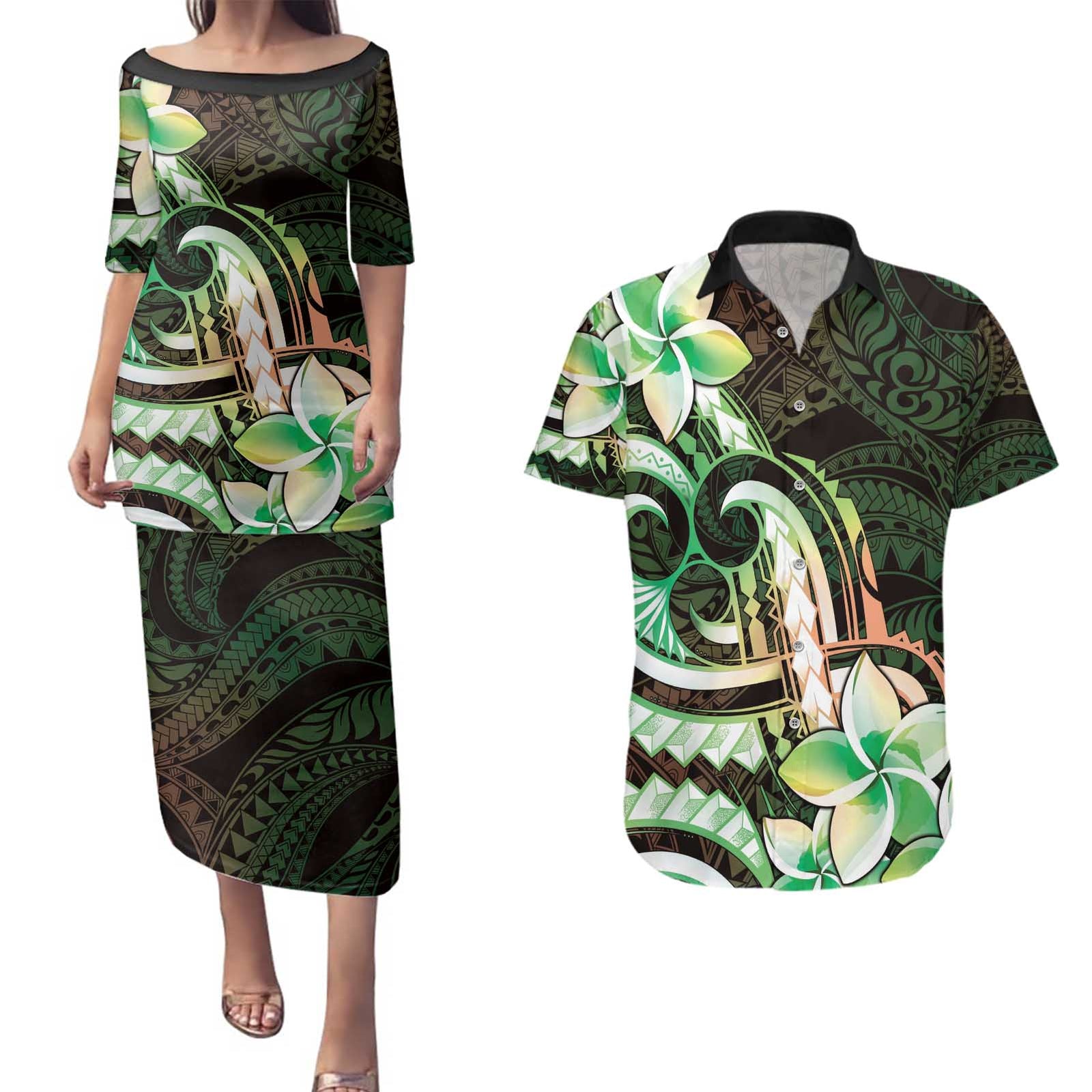 Polynesian Art Tattoo Couples Matching Puletasi and Hawaiian Shirt Plumeria Flowers Green Gradient LT05 Green - Polynesian Pride