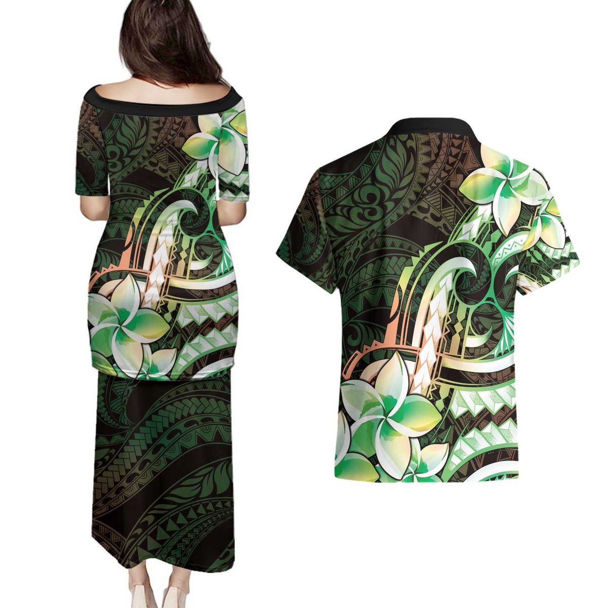 Polynesian Art Tattoo Couples Matching Puletasi and Hawaiian Shirt Plumeria Flowers Green Gradient