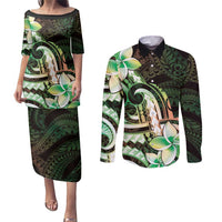 Polynesian Art Tattoo Couples Matching Puletasi and Long Sleeve Button Shirt Plumeria Flowers Green Gradient