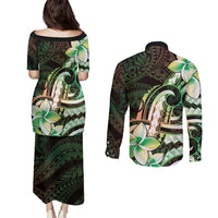 Polynesian Art Tattoo Couples Matching Puletasi and Long Sleeve Button Shirt Plumeria Flowers Green Gradient