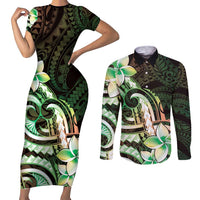 Polynesian Art Tattoo Couples Matching Short Sleeve Bodycon Dress and Long Sleeve Button Shirt Plumeria Flowers Green Gradient