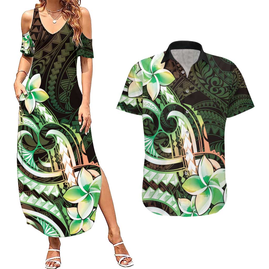 Polynesian Art Tattoo Couples Matching Summer Maxi Dress and Hawaiian Shirt Plumeria Flowers Green Gradient LT05 Green - Polynesian Pride