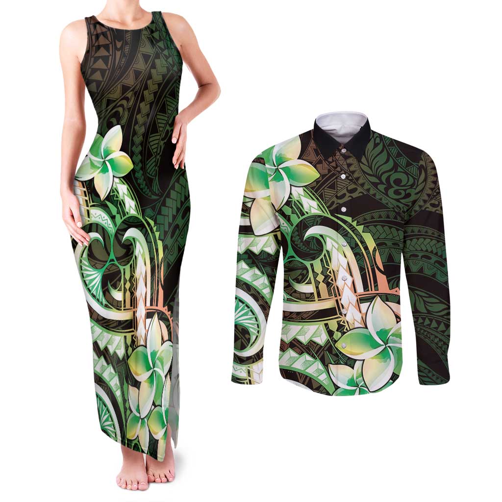 Polynesian Art Tattoo Couples Matching Tank Maxi Dress and Long Sleeve Button Shirt Plumeria Flowers Green Gradient