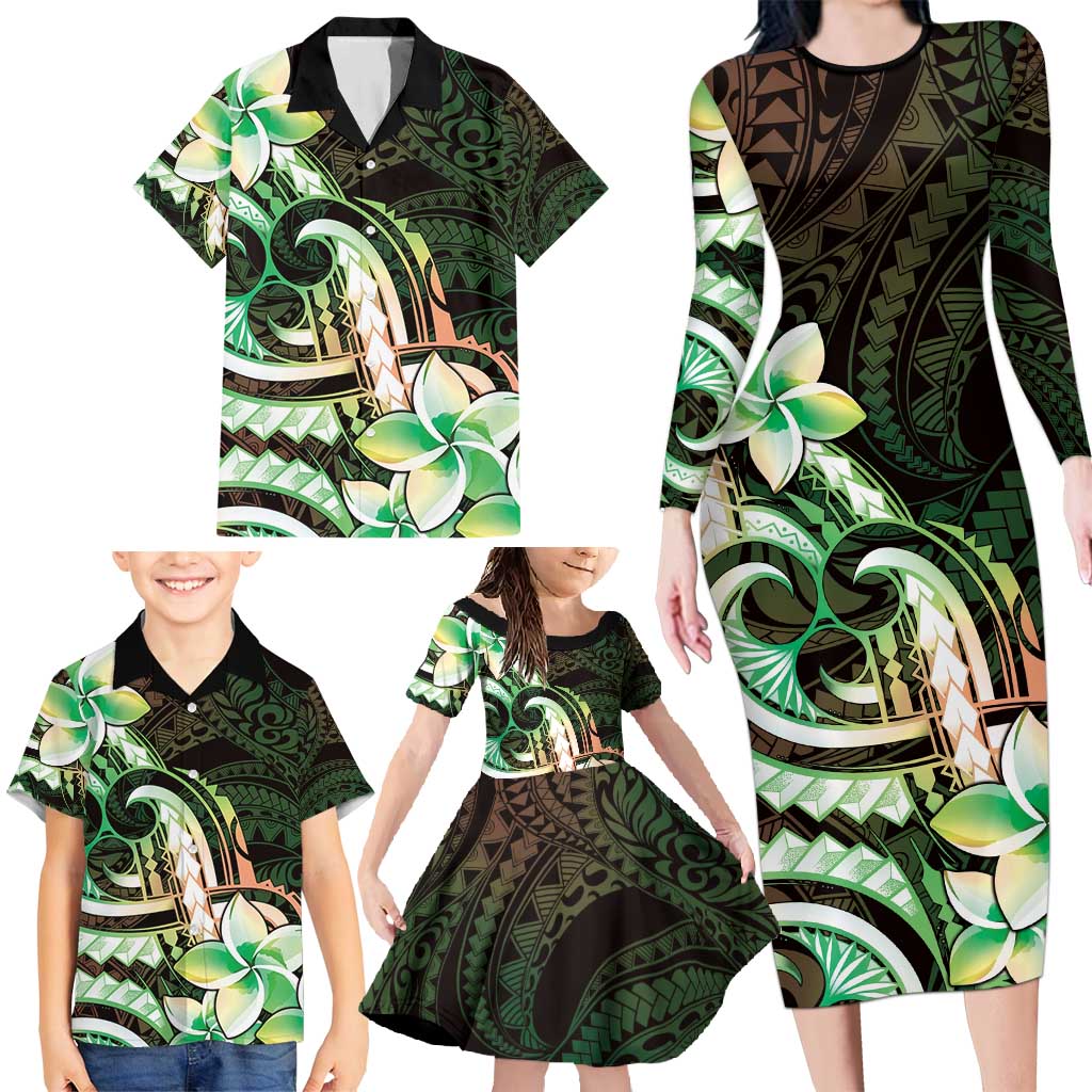Polynesian Art Tattoo Family Matching Long Sleeve Bodycon Dress and Hawaiian Shirt Plumeria Flowers Green Gradient LT05 - Polynesian Pride
