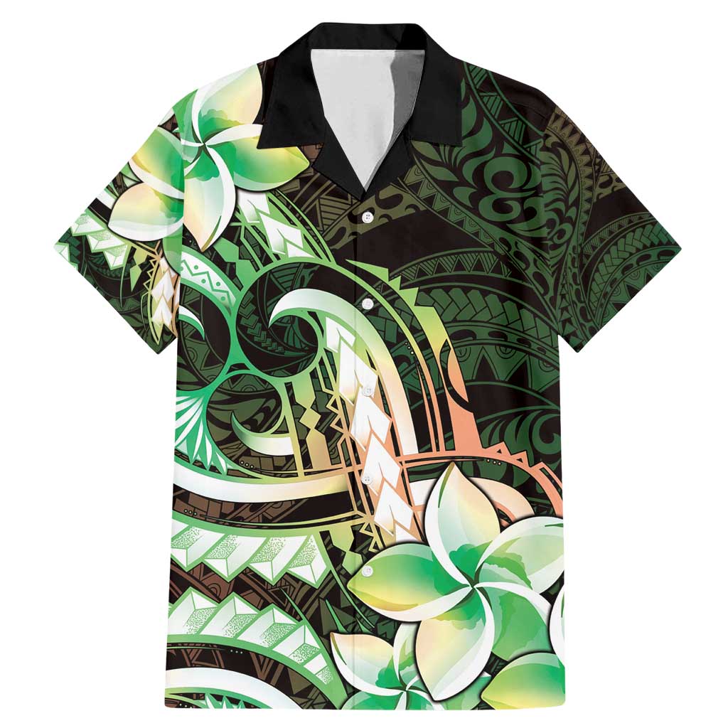 Polynesian Art Tattoo Family Matching Mermaid Dress and Hawaiian Shirt Plumeria Flowers Green Gradient LT05 Dad's Shirt - Short Sleeve Green - Polynesian Pride