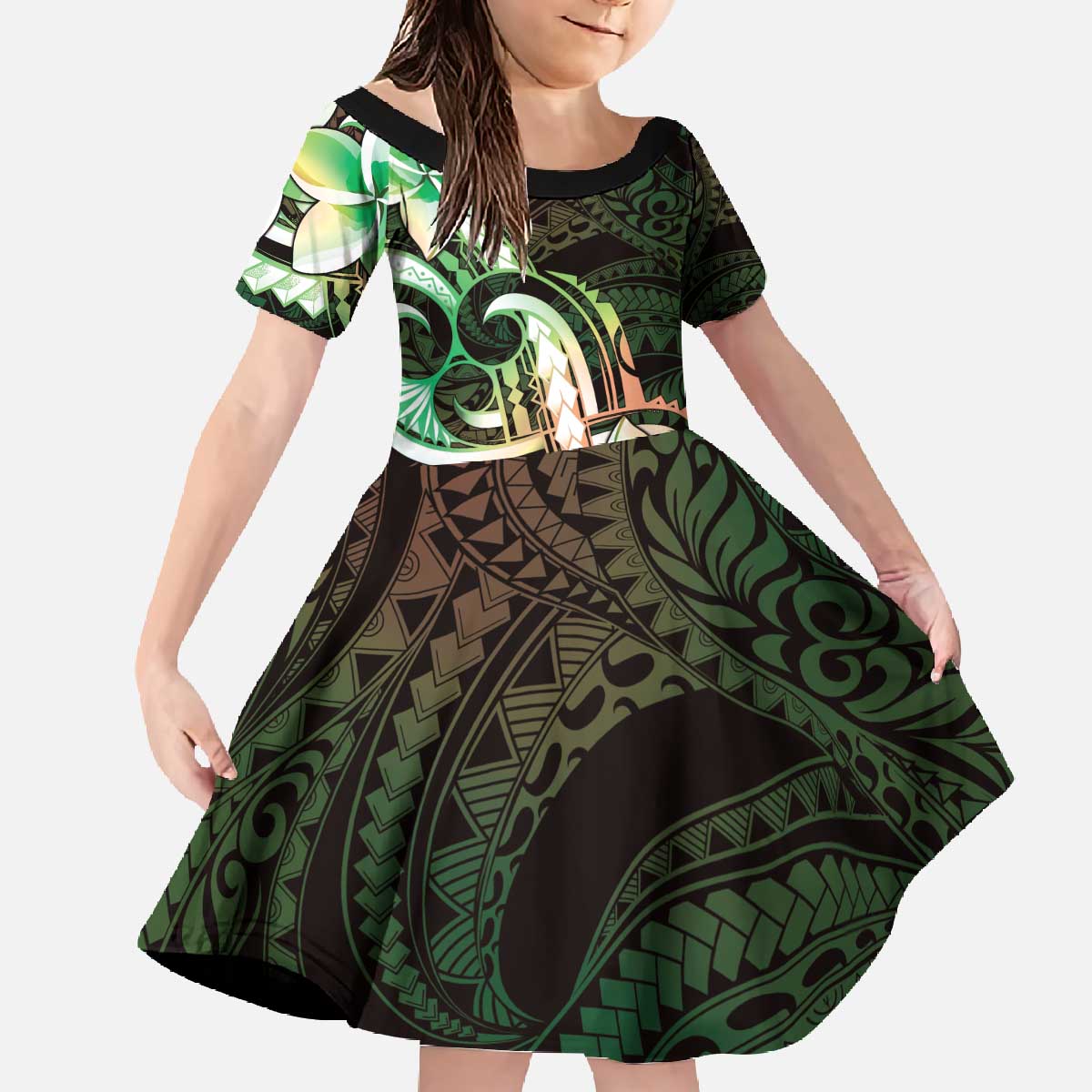 Polynesian Art Tattoo Family Matching Off The Shoulder Long Sleeve Dress and Hawaiian Shirt Plumeria Flowers Green Gradient LT05 Daughter's Dress Green - Polynesian Pride