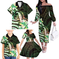 Polynesian Art Tattoo Family Matching Off The Shoulder Long Sleeve Dress and Hawaiian Shirt Plumeria Flowers Green Gradient LT05 - Polynesian Pride