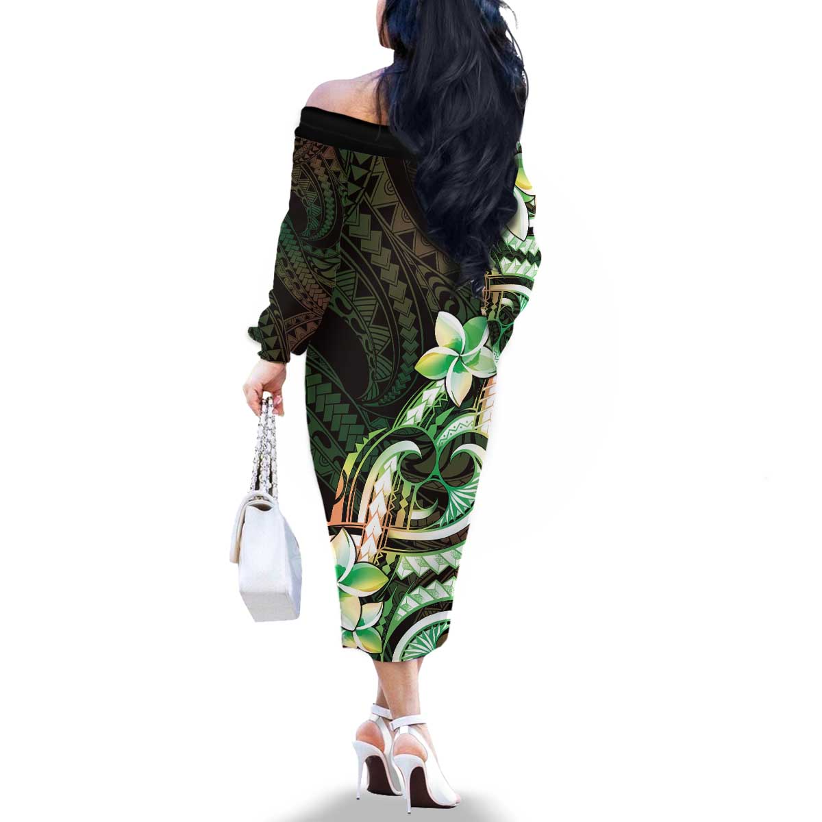 Polynesian Art Tattoo Family Matching Off The Shoulder Long Sleeve Dress and Hawaiian Shirt Plumeria Flowers Green Gradient LT05 - Polynesian Pride