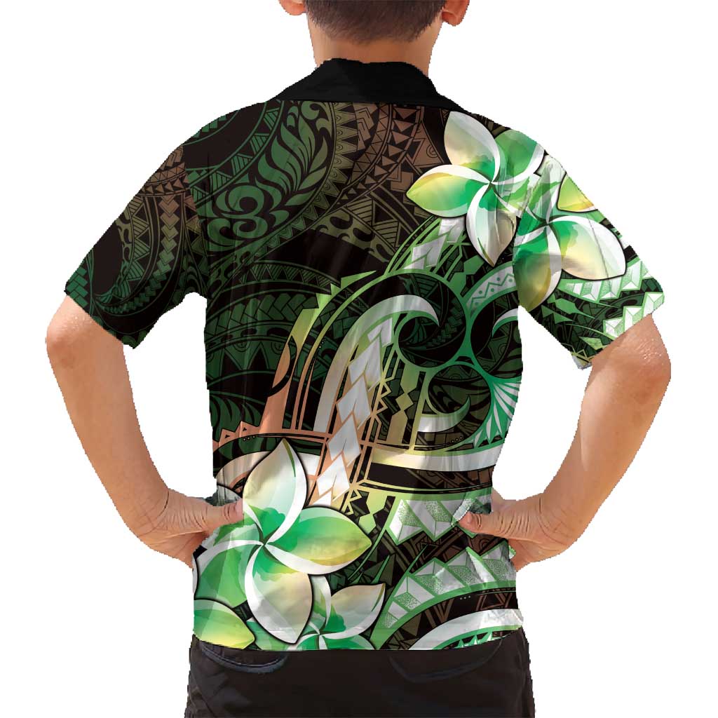 Polynesian Art Tattoo Family Matching Off Shoulder Maxi Dress and Hawaiian Shirt Plumeria Flowers Green Gradient LT05 - Polynesian Pride