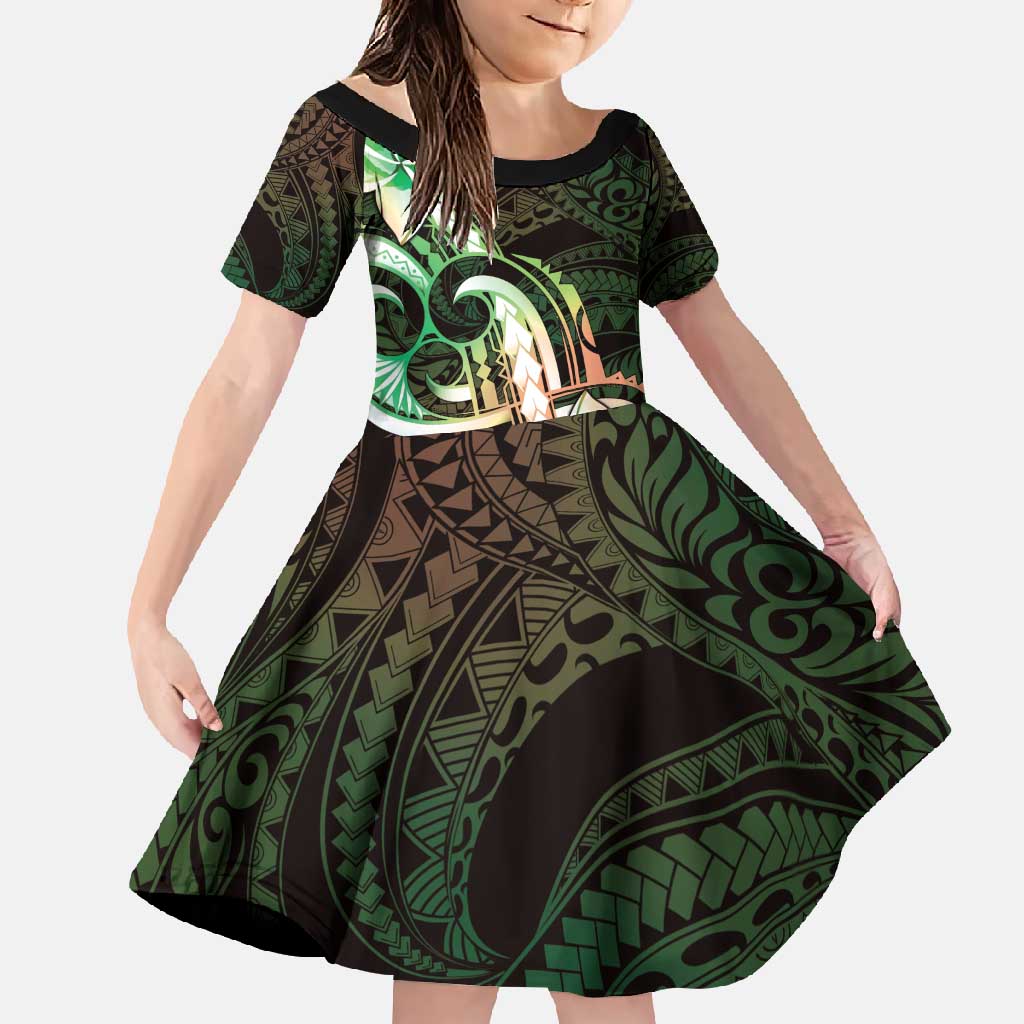 Polynesian Art Tattoo Family Matching Off Shoulder Maxi Dress and Hawaiian Shirt Plumeria Flowers Green Gradient LT05 Daughter's Dress Green - Polynesian Pride