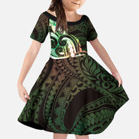 Polynesian Art Tattoo Family Matching Off Shoulder Maxi Dress and Hawaiian Shirt Plumeria Flowers Green Gradient LT05 Daughter's Dress Green - Polynesian Pride