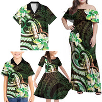 Polynesian Art Tattoo Family Matching Off Shoulder Maxi Dress and Hawaiian Shirt Plumeria Flowers Green Gradient LT05 - Polynesian Pride