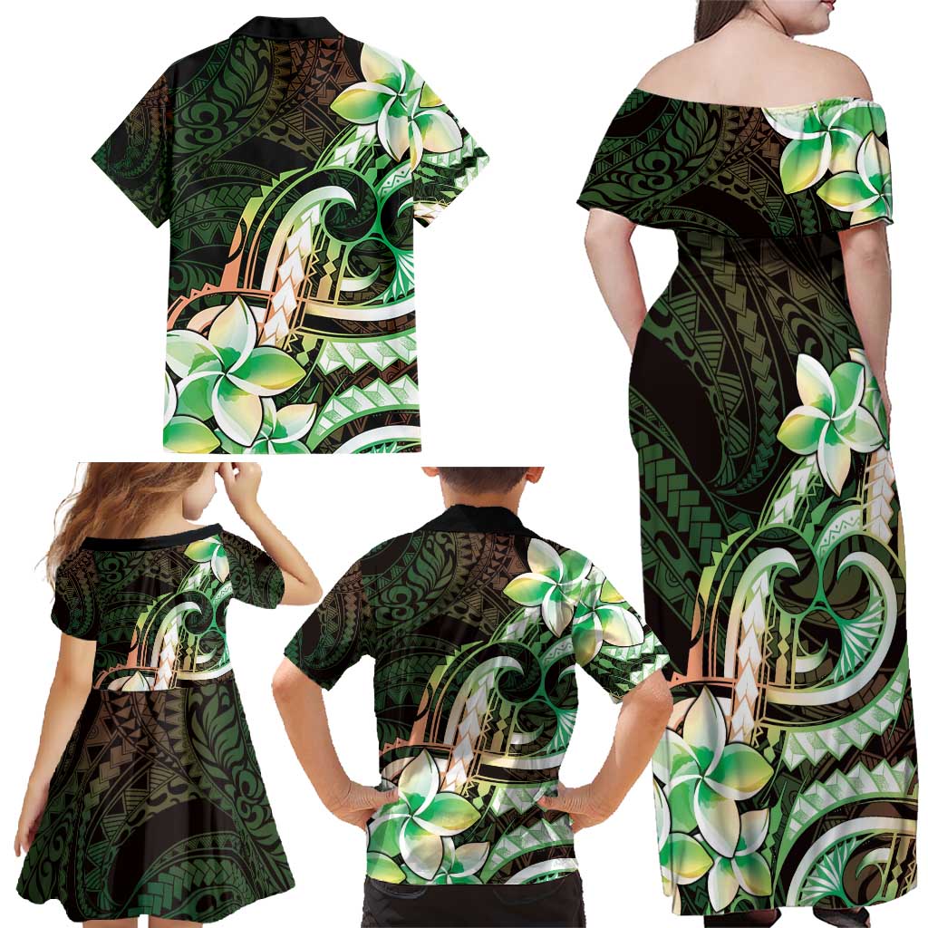 Polynesian Art Tattoo Family Matching Off Shoulder Maxi Dress and Hawaiian Shirt Plumeria Flowers Green Gradient LT05 - Polynesian Pride