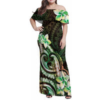 Polynesian Art Tattoo Family Matching Off Shoulder Maxi Dress and Hawaiian Shirt Plumeria Flowers Green Gradient LT05 Mom's Dress Green - Polynesian Pride