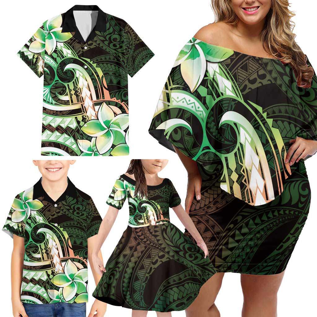 Polynesian Art Tattoo Family Matching Off Shoulder Short Dress and Hawaiian Shirt Plumeria Flowers Green Gradient LT05 - Polynesian Pride