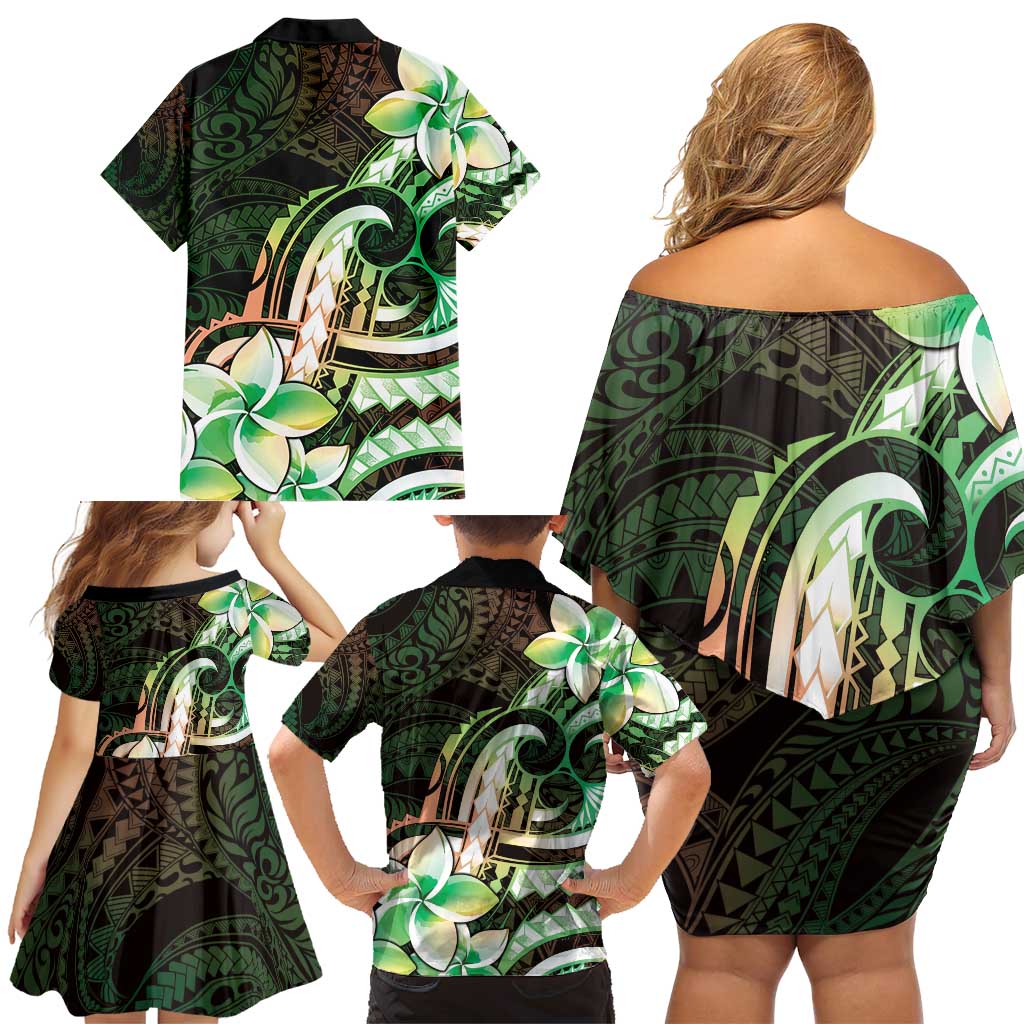 Polynesian Art Tattoo Family Matching Off Shoulder Short Dress and Hawaiian Shirt Plumeria Flowers Green Gradient LT05 - Polynesian Pride