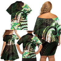 Polynesian Art Tattoo Family Matching Off Shoulder Short Dress and Hawaiian Shirt Plumeria Flowers Green Gradient LT05 - Polynesian Pride