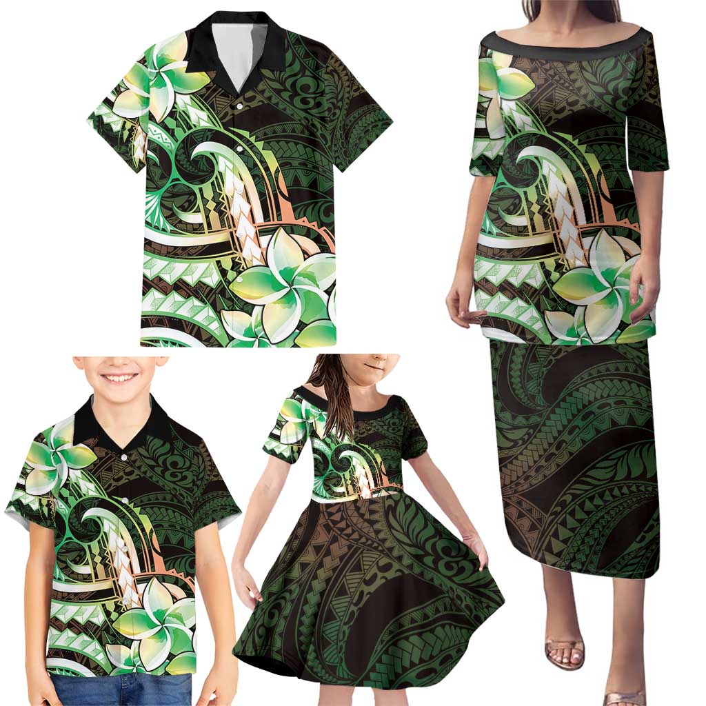 Polynesian Art Tattoo Family Matching Puletasi and Hawaiian Shirt Plumeria Flowers Green Gradient LT05 - Polynesian Pride