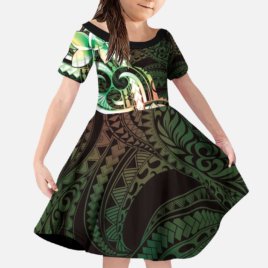 Polynesian Art Tattoo Family Matching Short Sleeve Bodycon Dress and Hawaiian Shirt Plumeria Flowers Green Gradient LT05 Daughter's Dress Green - Polynesian Pride