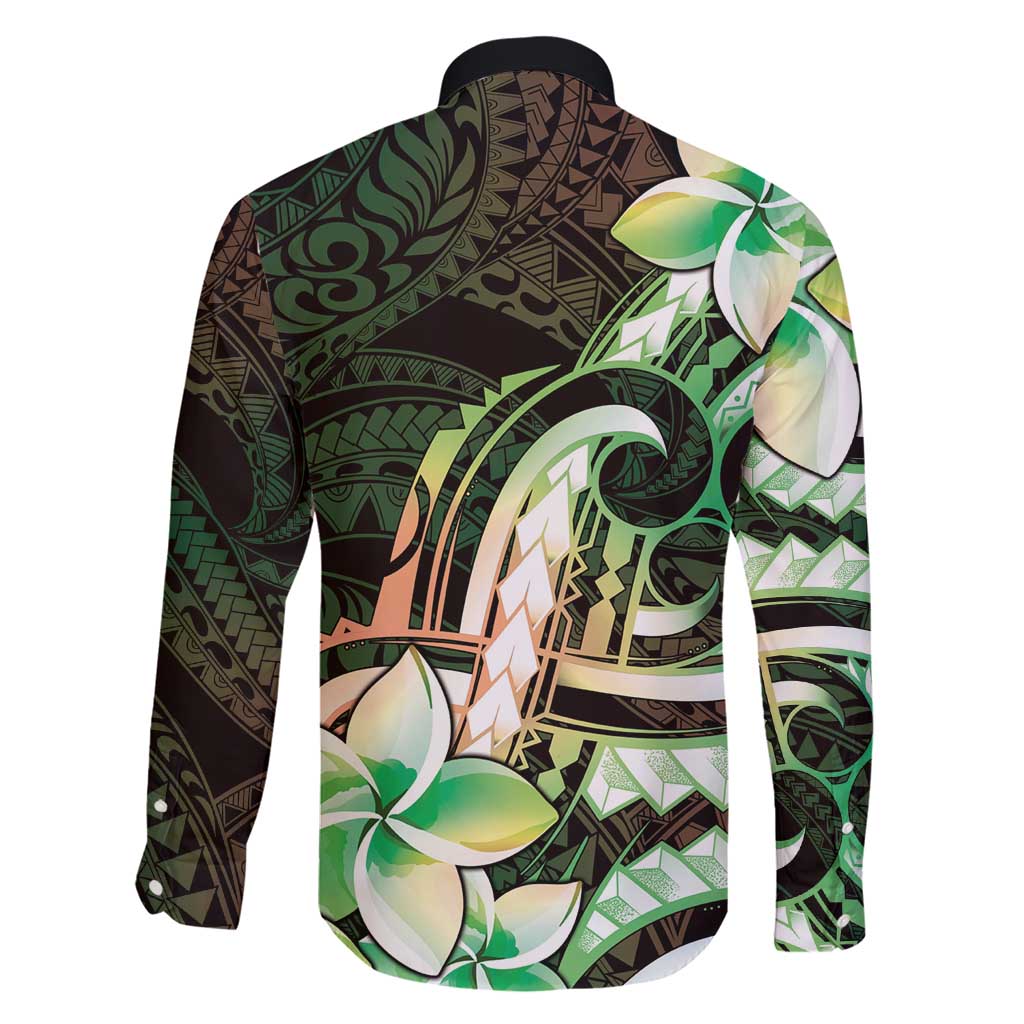 Polynesian Art Tattoo Family Matching Short Sleeve Bodycon Dress and Hawaiian Shirt Plumeria Flowers Green Gradient LT05 - Polynesian Pride