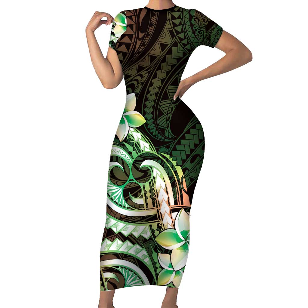 Polynesian Art Tattoo Family Matching Short Sleeve Bodycon Dress and Hawaiian Shirt Plumeria Flowers Green Gradient LT05 Mom's Dress Green - Polynesian Pride